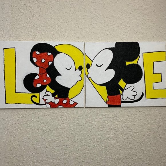 Disney LOVE Mickey & Minnie Hand Painted 2 Acrylic Painting Canvas Wall Art
